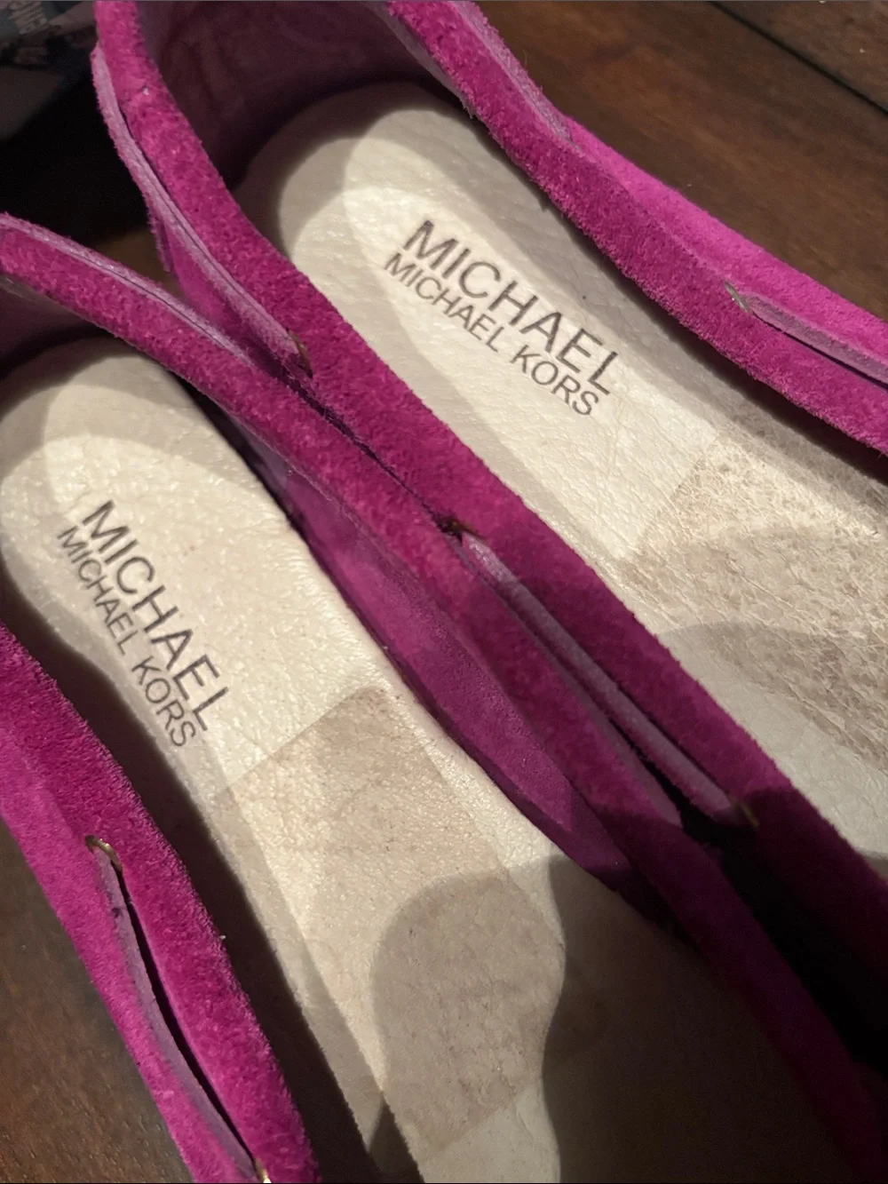 Michael Kors Suede Moccasin Loafers in Bright Fuchsia with Gold Accents